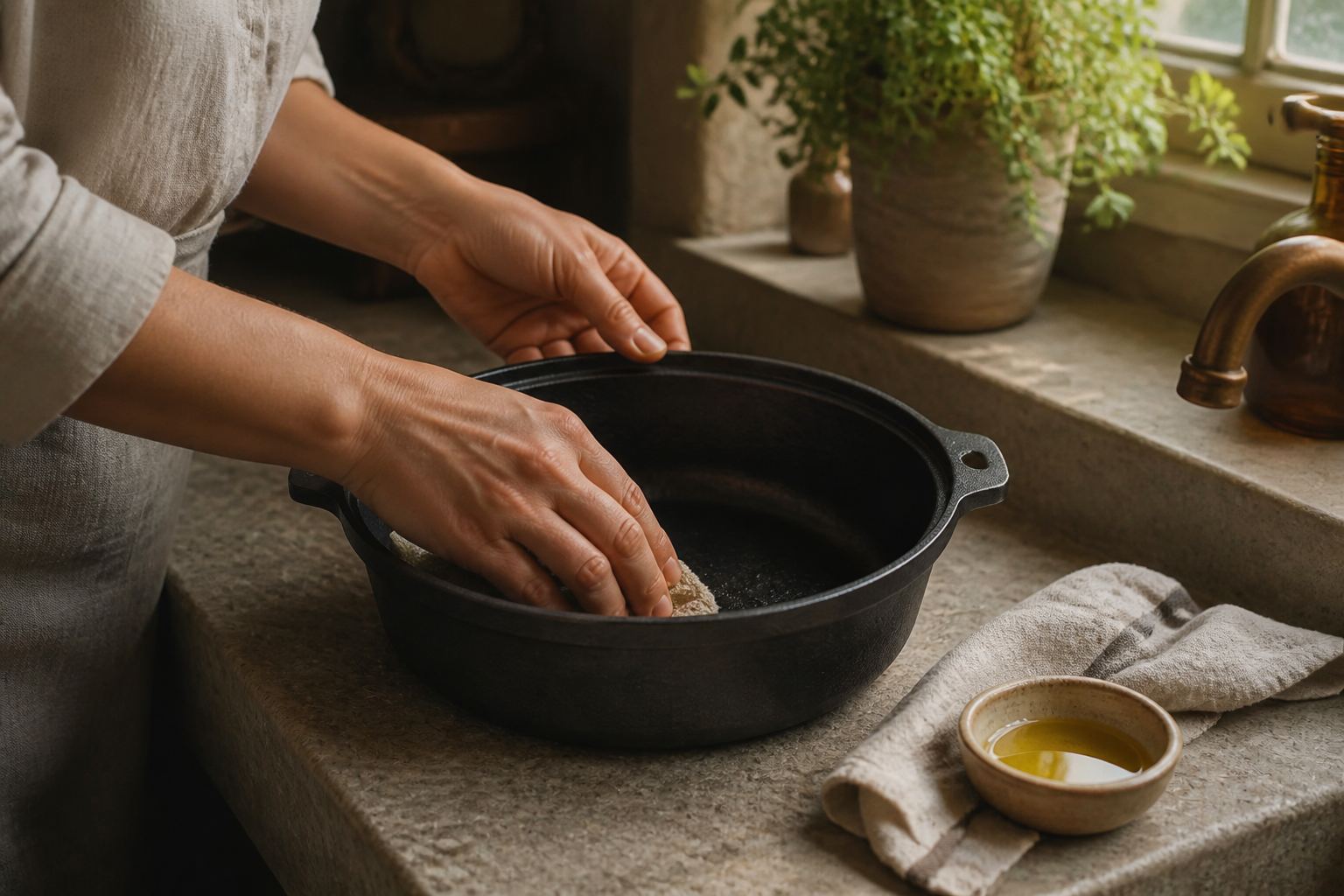 روغنکاری نازک داخل ظرف چدن عمیق با دستمال نخی کنار کاسه روغن و حوله
